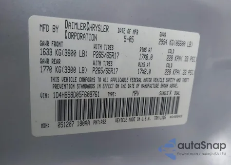 2005 Dodge Durango Limited from USA, damaged, VIN 1D4HB58D05F609761